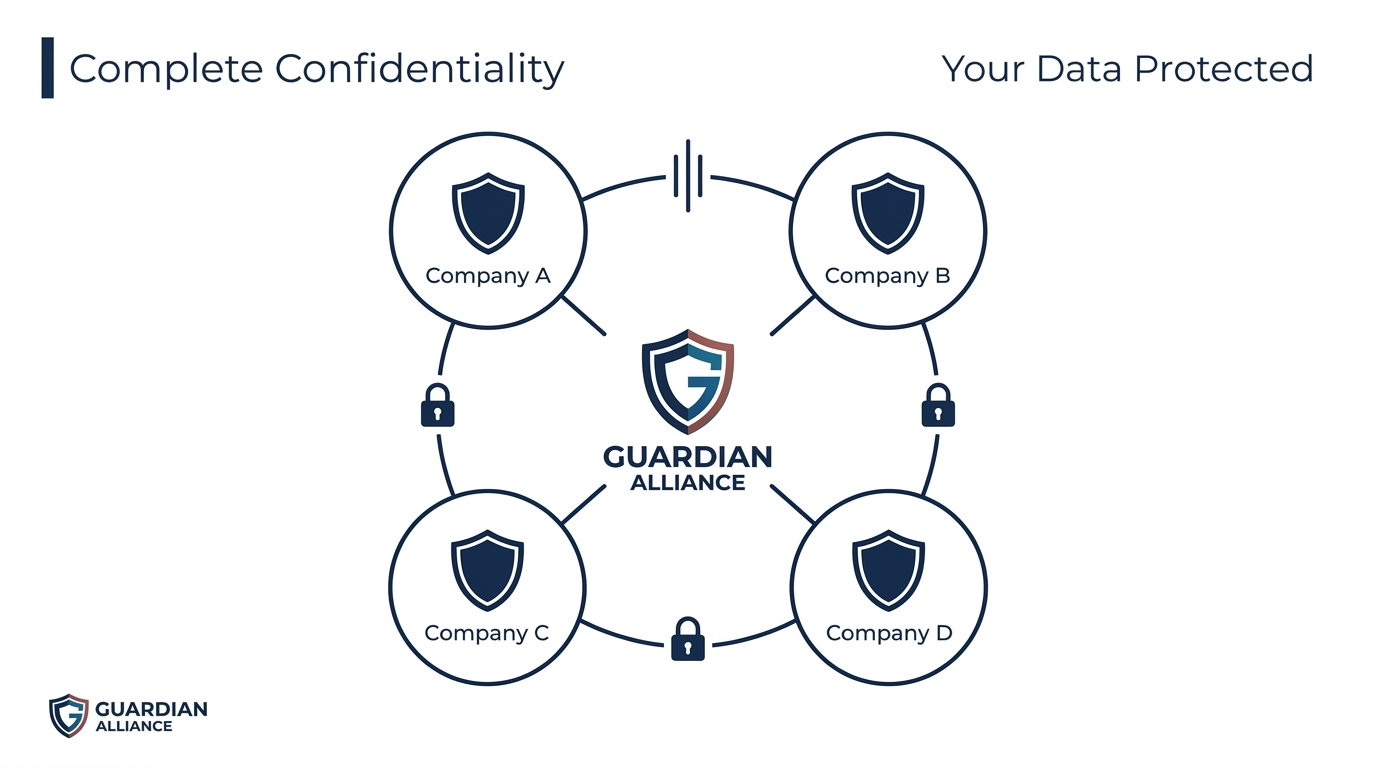 Guardian Alliance confidentiality infographic showing four separate security company clients connected to a central Guardian Alliance hub with padlock icons between each connection, illustrating that client data remains completely separated and protected within the shared SOC model.