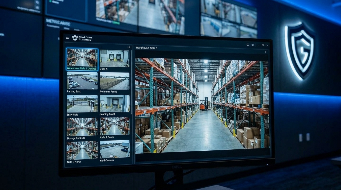 Guardian Alliance security monitoring software displaying a live expanded feed of Warehouse Aisle 1 at a commercial distribution facility, with a 10-camera thumbnail panel covering dock, parking, perimeter fence, entry gate, loading bays, storage racks, and yard camera feeds, inside the Guardian Alliance Security Operations Center.