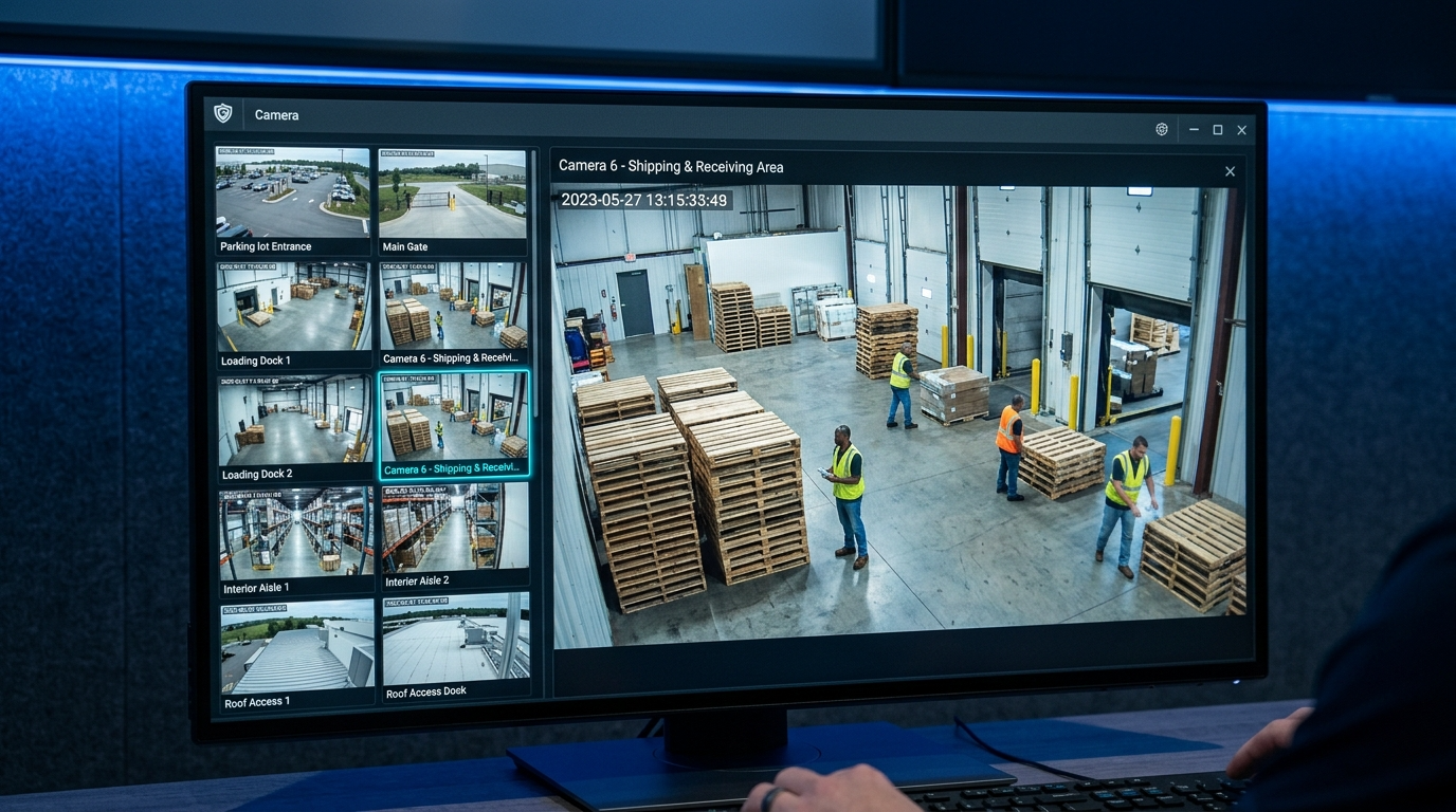Guardian Alliance SOC monitoring software displaying a live expanded view of Camera 6, the Shipping and Receiving Area of a commercial warehouse, with a 10-camera thumbnail panel showing parking lot entrance, main gate, loading docks, interior aisles, and roof access points.