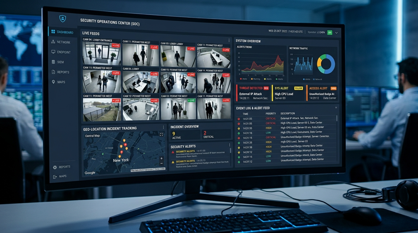 Security operations center dashboard displaying live camera feeds, active alerts, incident tracking, and real-time security monitoring.