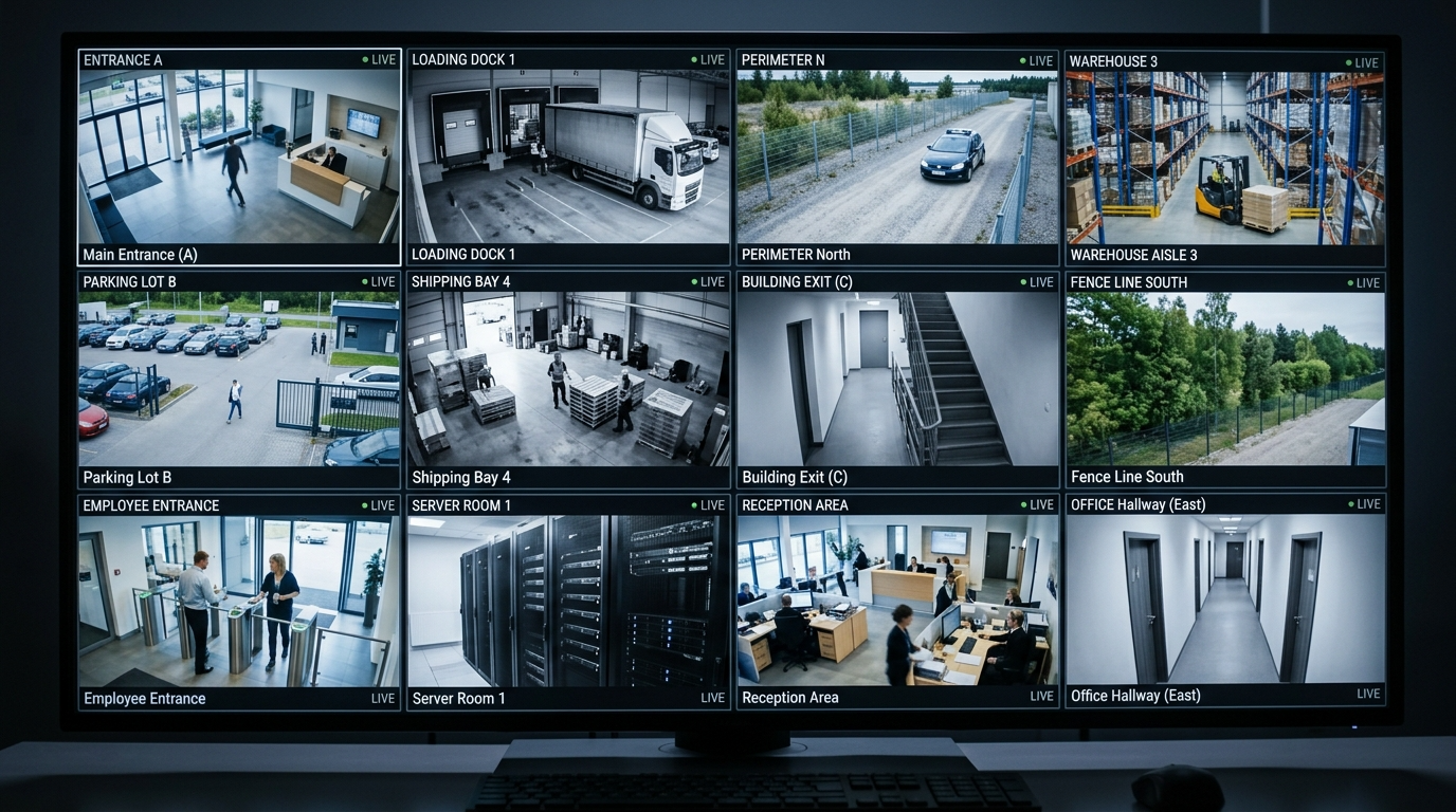 Live remote video monitoring feeds covering entrances, parking lots, loading docks, perimeter, and interior zones for a commercial security client.