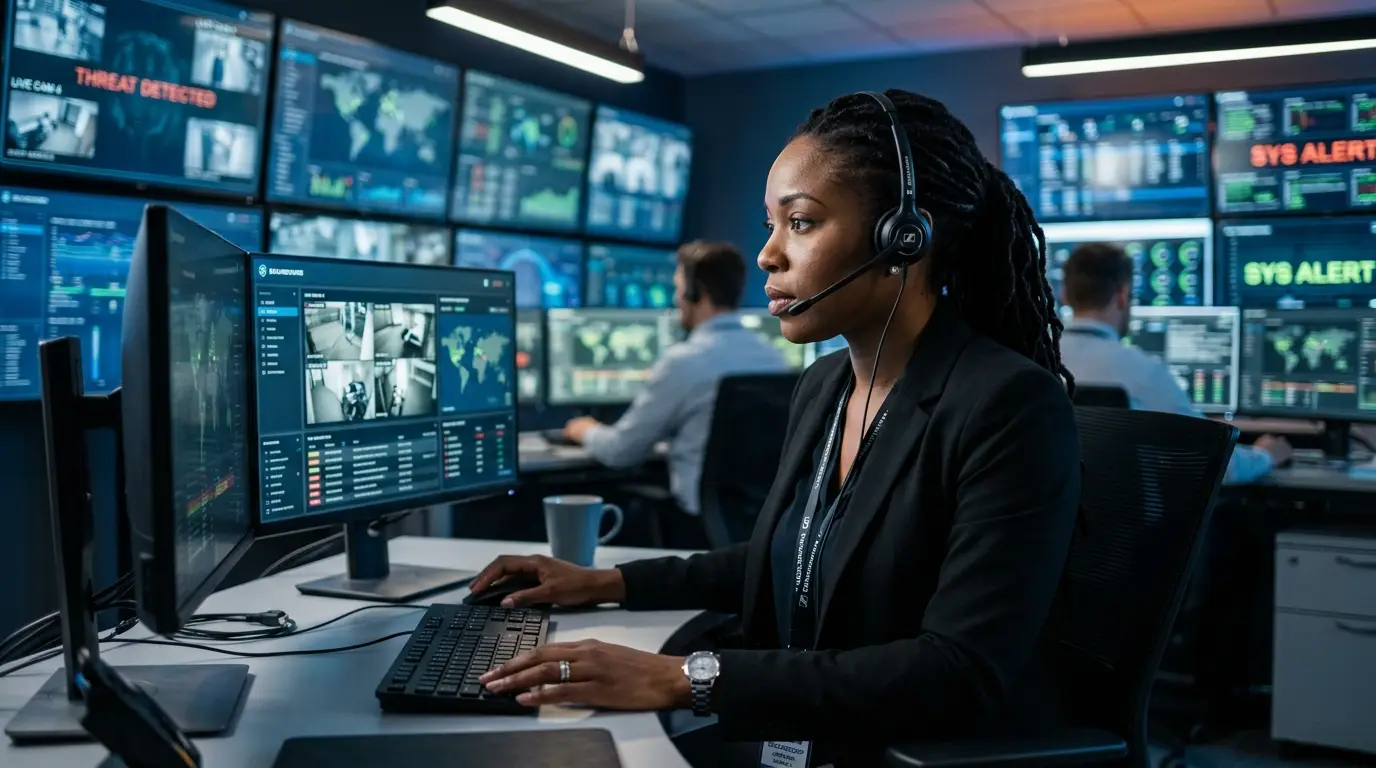 Guardian Alliance SOC operator monitoring live security feeds and responding to active alerts in a security operations center.