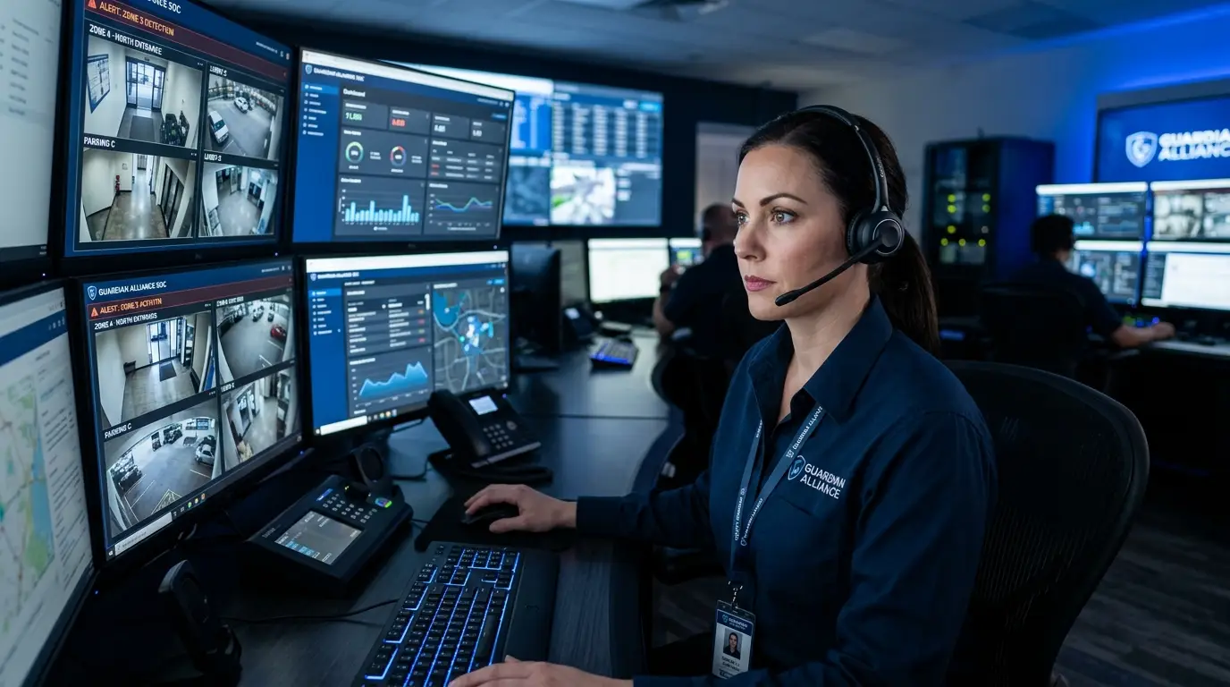 Guardian Alliance SOC operator monitoring live camera feeds and security dashboards during an active alert response.