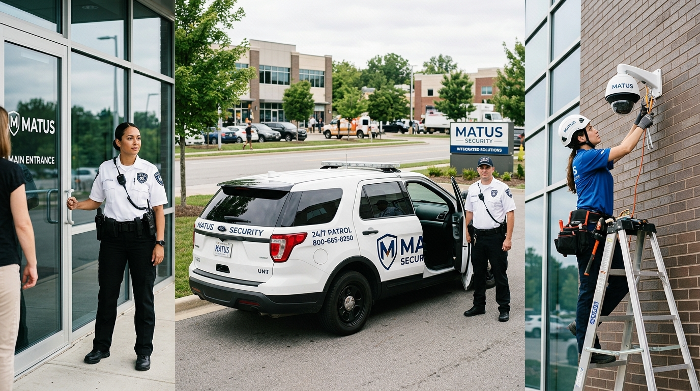 Matus Security Integrated Solutions composite image showing three core services: a security officer posted at a commercial building main entrance, a branded 24/7 patrol vehicle with a uniformed officer, and a technician installing a dome security camera on an exterior wall.
