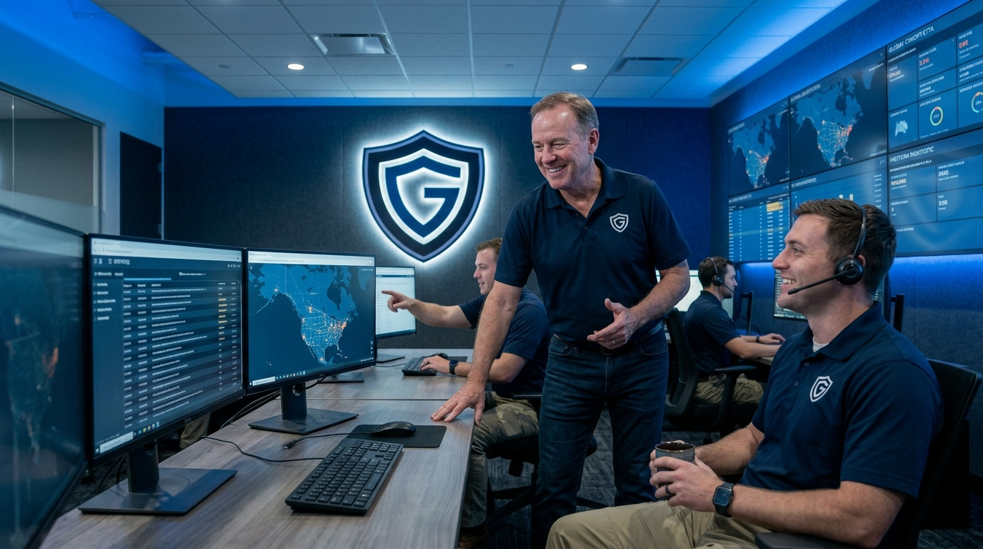 Guardian Alliance security leadership reviews live threat monitoring data with SOC operators at a dual-screen workstation inside the company's 24/7 Security Operations Center, with the Guardian Alliance shield logo and global threat display wall visible in the background.
