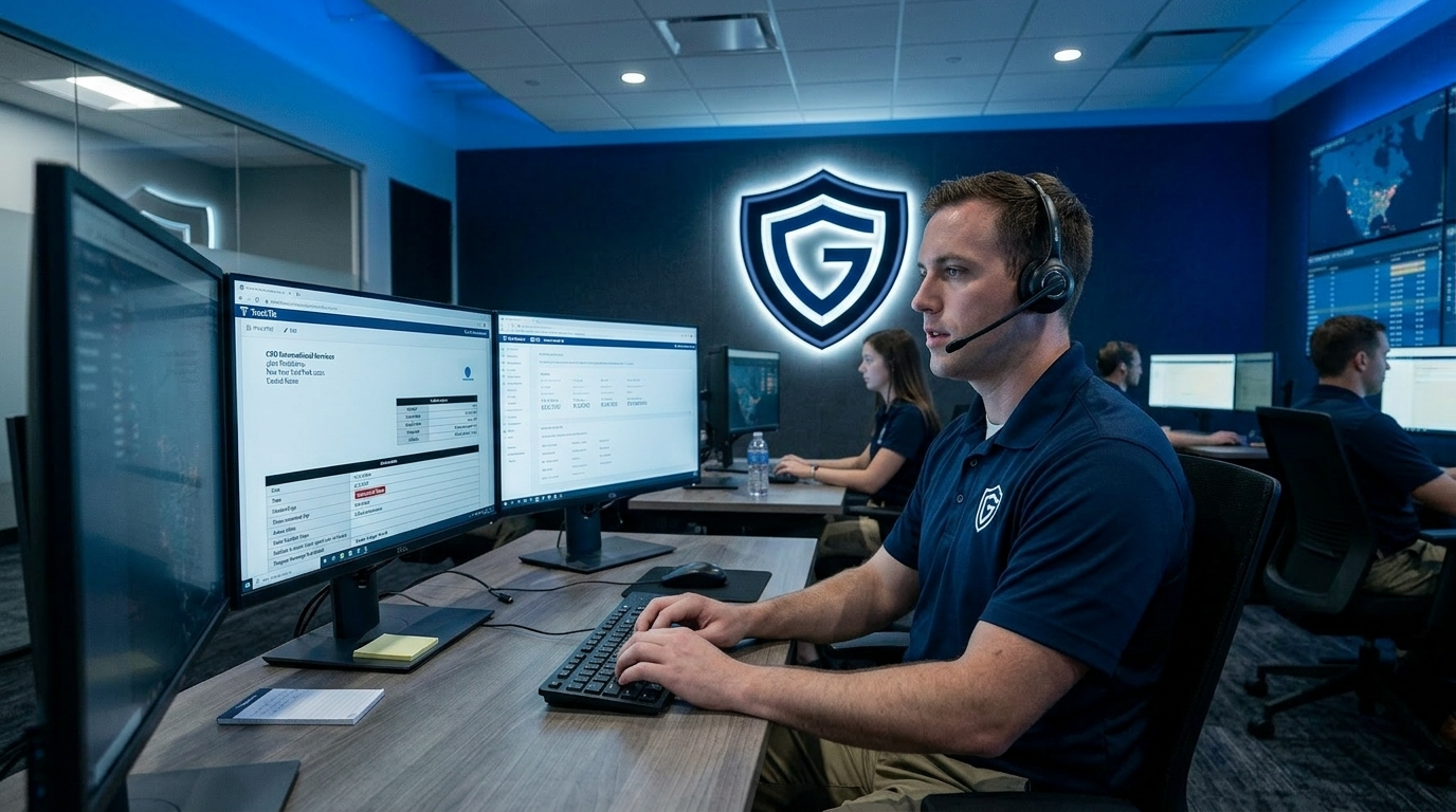 Guardian Alliance SOC operator wearing a headset and monitoring live incident management software across dual screens inside a 24/7 security operations center, with two additional operators and a global threat display wall visible in the background.