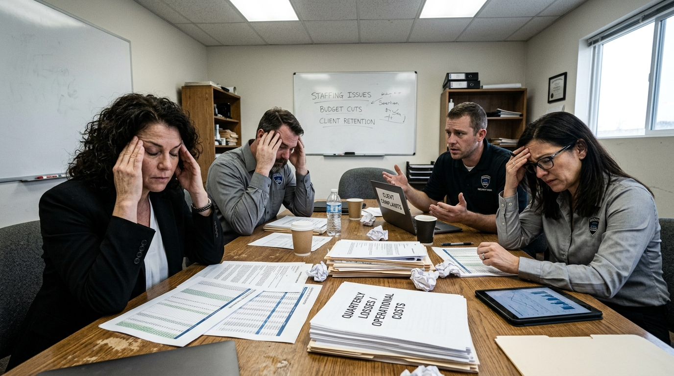 A stressed security company management team in a conference room surrounded by quarterly loss reports, client complaints, and operational cost documents, with a whiteboard listing staffing issues, budget cuts, and client retention problems in the background.