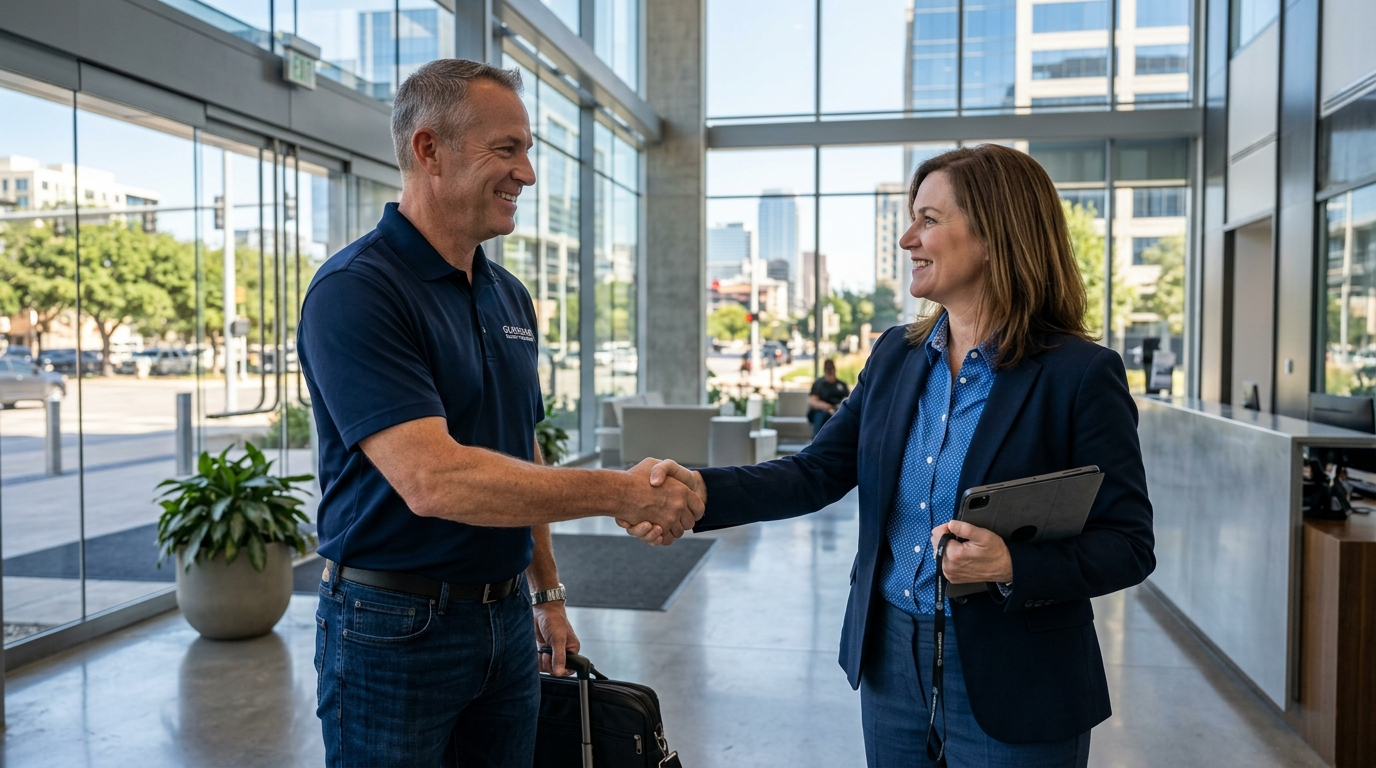 A Guardian Alliance security solutions representative shakes hands with a commercial property client in the lobby of a modern office building, representing a new security services partnership.
