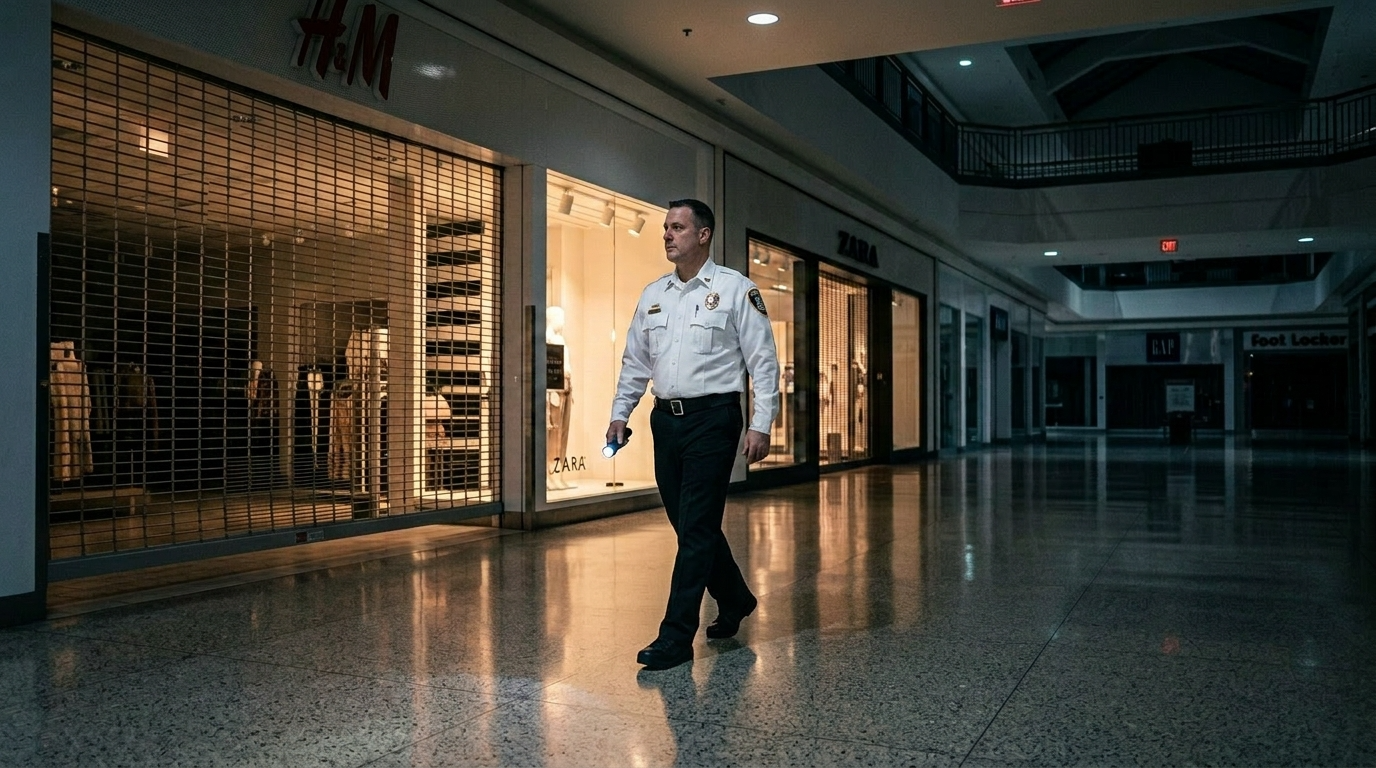 Guardian Alliance security officer conducting a nighttime patrol through a closed retail shopping mall, holding a flashlight and walking past secured storefronts in a white uniform shirt with security badge and shoulder patches.