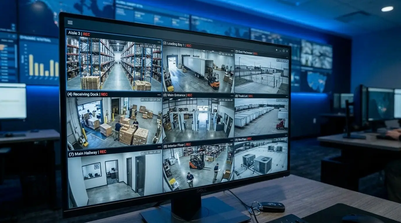 Guardian Alliance SOC monitor displaying a 9-camera live CCTV grid for a warehouse and logistics security monitoring account, showing real-time footage of warehouse aisles, loading bays, receiving docks, perimeter, main entrance, interior floor, hallway, truck lot, and rooftop.