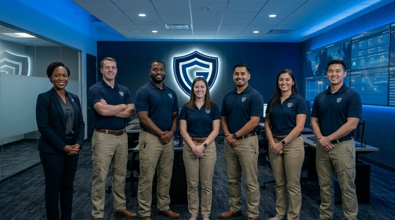 uardian Alliance SOC team of trained security operations center operators and staff standing in front of the Guardian Alliance shield logo inside the operations center.