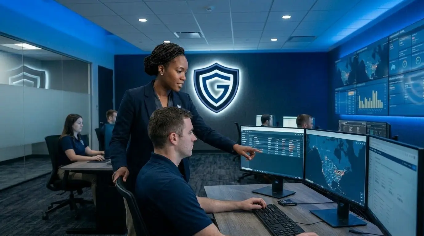 A Guardian Alliance security supervisor points to a live threat monitoring dashboard on dual screens while an analyst works at a workstation inside the company's 24/7 security operations center.