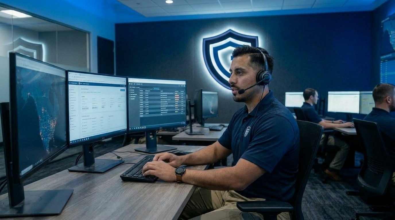 Guardian Alliance SOC operator in branded uniform managing dispatch and security monitoring systems at a dual screen workstation inside the operations center.