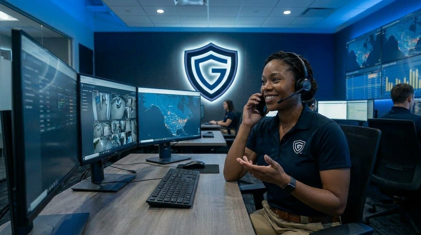Guardian Alliance SOC operator in branded uniform handling a live dispatch call while monitoring active camera feeds and a national coverage map on dual screens.