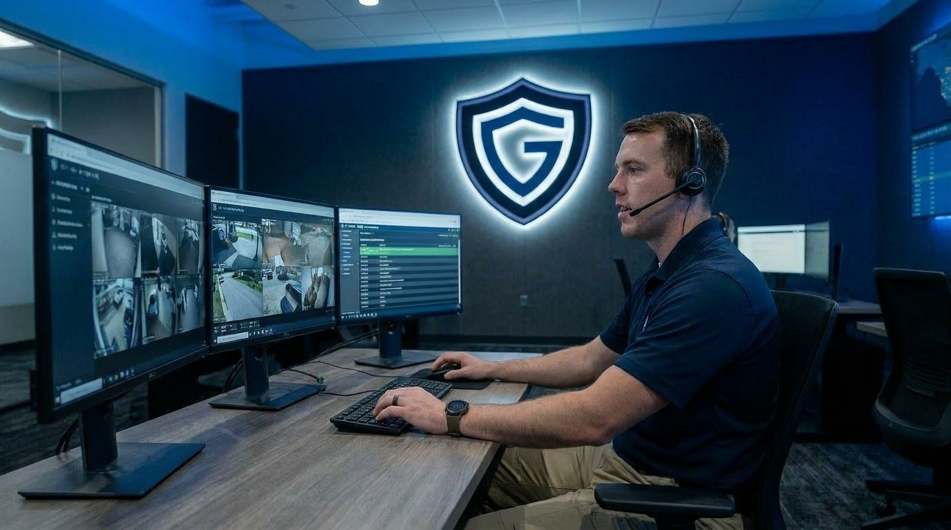 Guardian Alliance SOC operator in branded uniform monitoring live property camera feeds and an active incident log across dual screens inside the operations center.