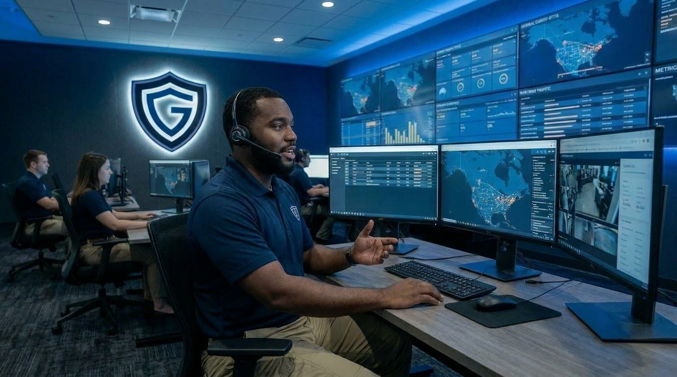 Guardian Alliance SOC operator in branded uniform coordinating an active incident response while managing multiple monitoring screens and security dashboards inside the operations center.