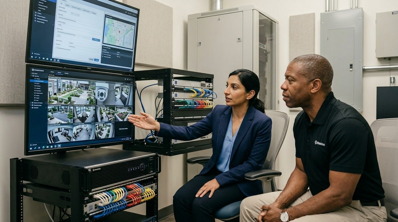 Security company owner and property manager reviewing live camera feeds and monitoring system setup in a server room.