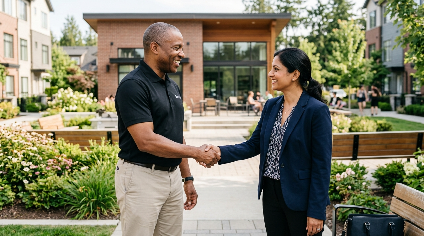 Security company owner shaking hands with property manager after closing a remote monitoring partnership at a residential community.