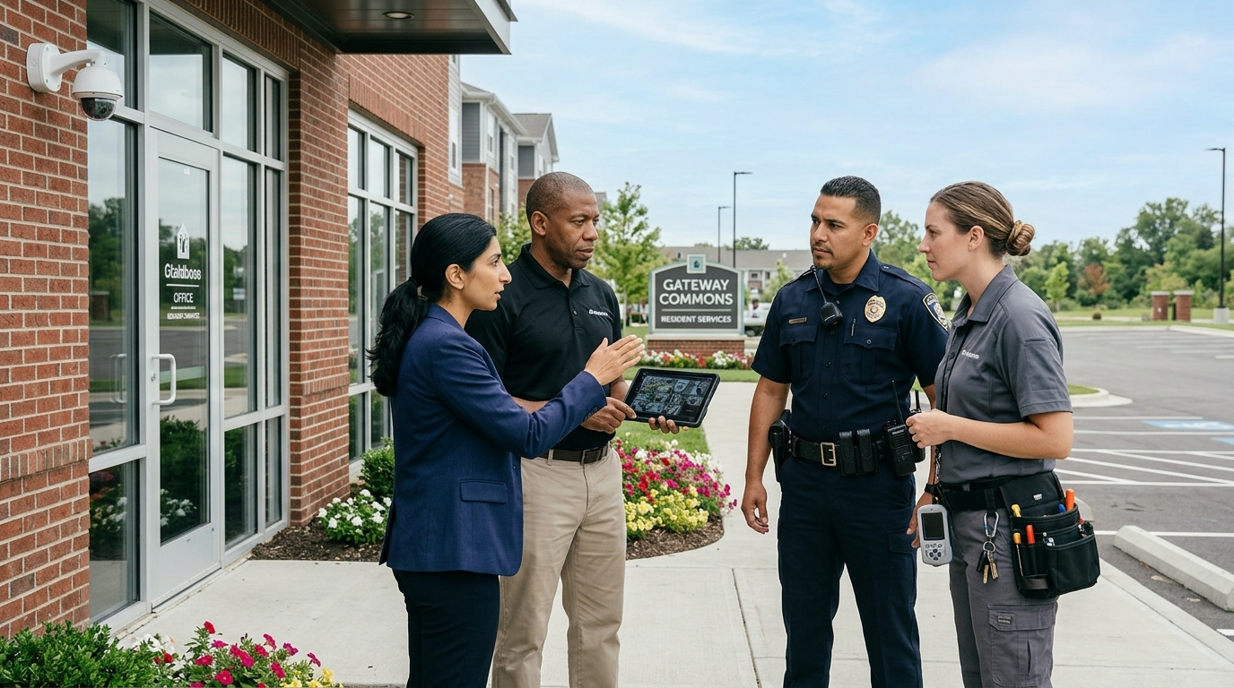 Security company representative presenting remote monitoring solution to property manager and security officers outside a residential community.
