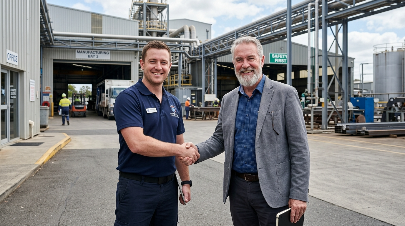A security company manager shakes hands with an industrial facility client outside an active manufacturing plant, representing a new commercial security services agreement for an industrial facility.