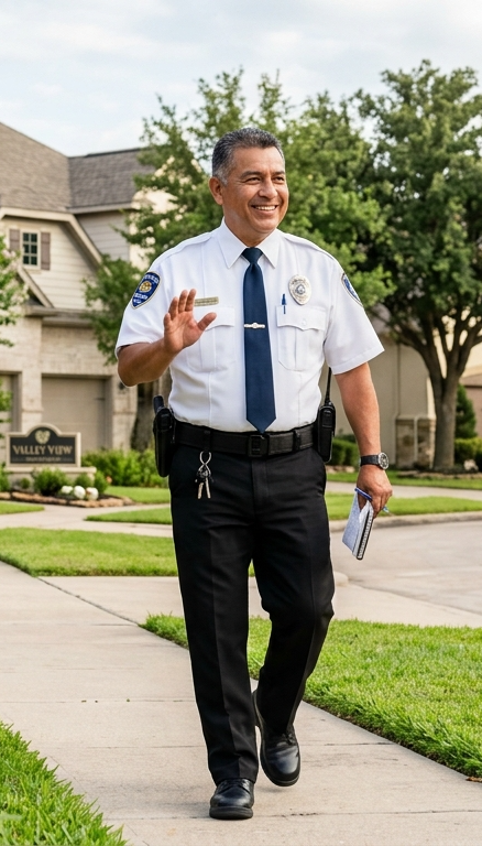 A uniformed Guardian Alliance security officer smiles and waves while conducting a foot patrol through a residential community, with well-maintained homes, landscaping, and residents visible in the background.