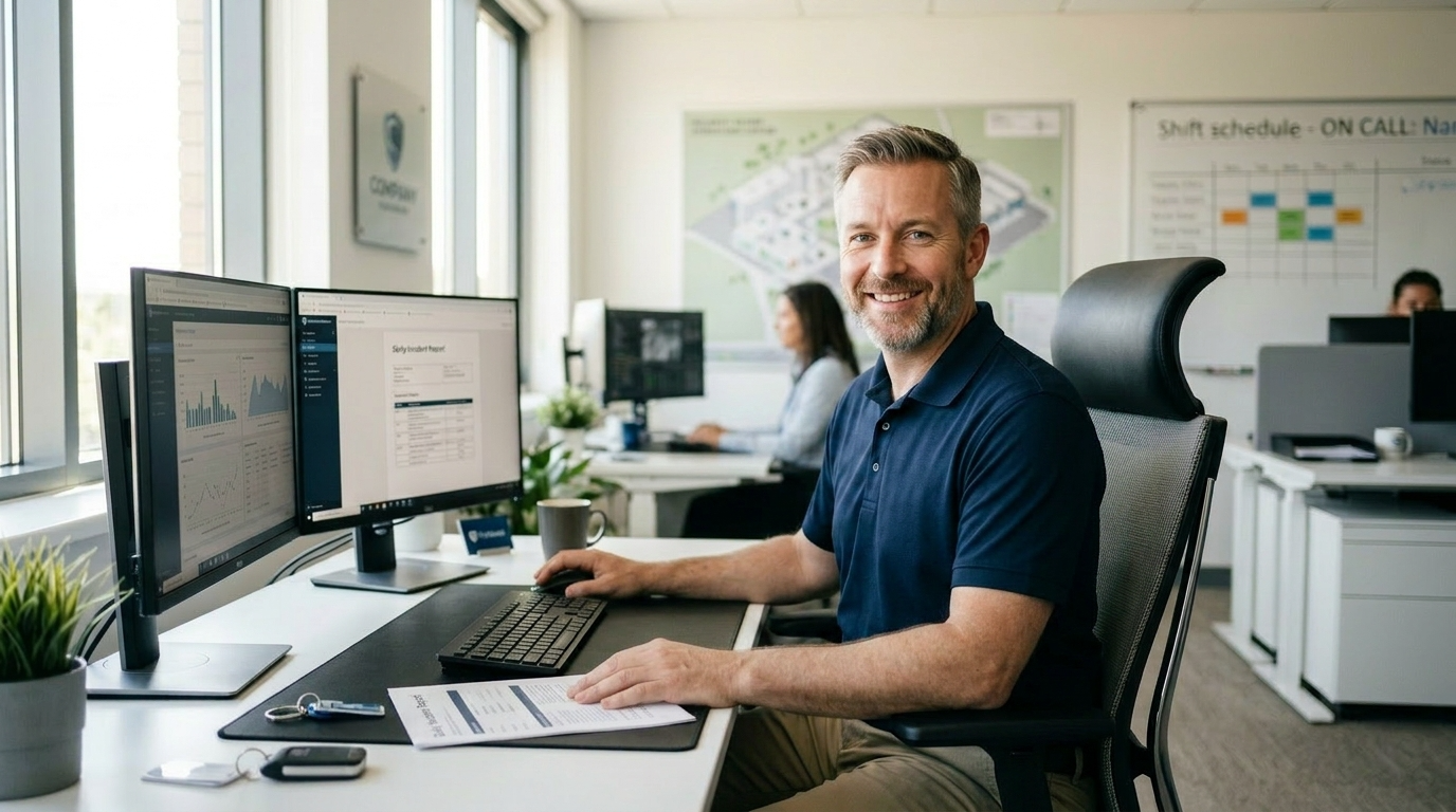 A security company manager smiles at his desk while reviewing security incident reports and analytics on dual monitors, with a shift schedule, site map, and team members visible in the background of a busy security company office.