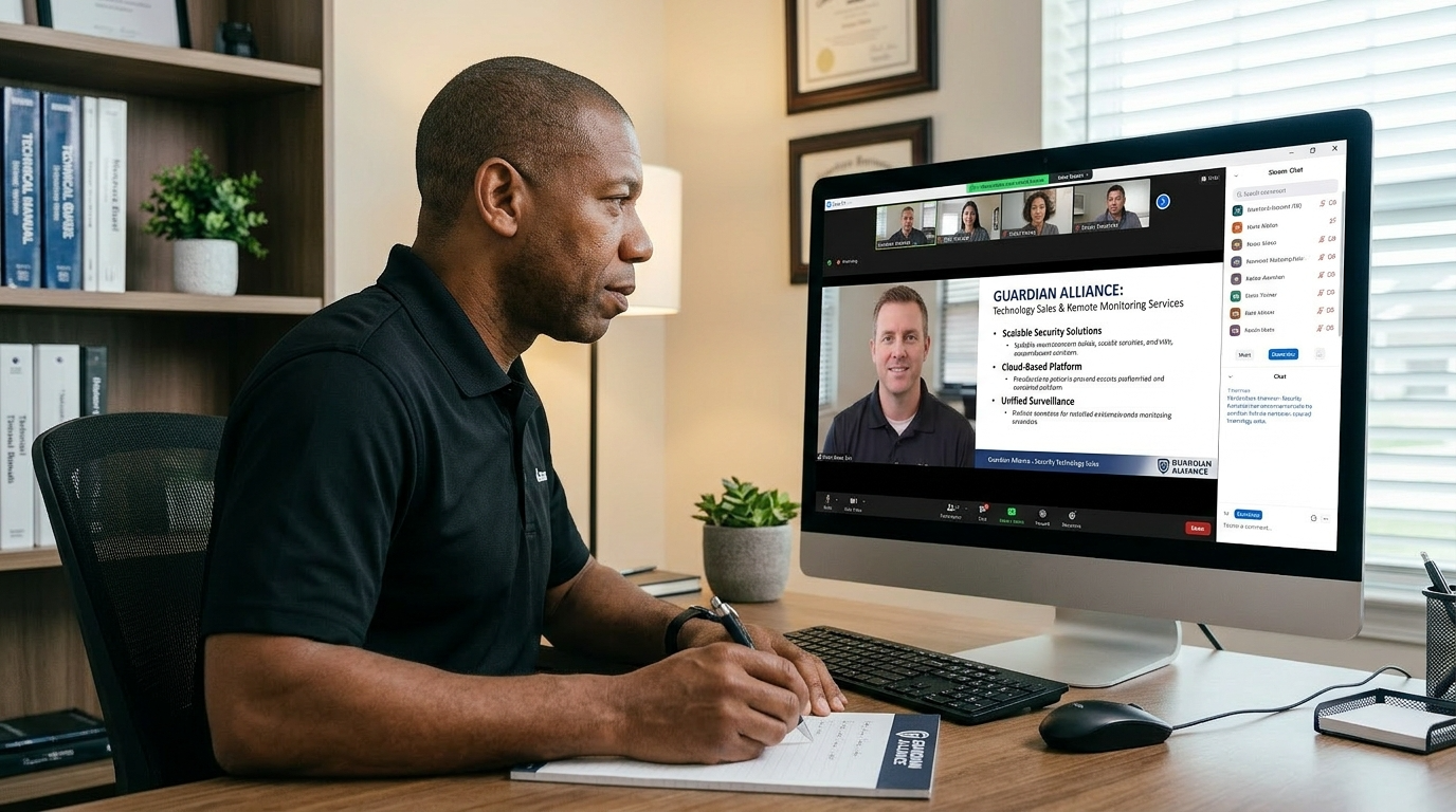 Security company owner attending a Guardian Alliance SOC technology sales and remote monitoring training webinar.