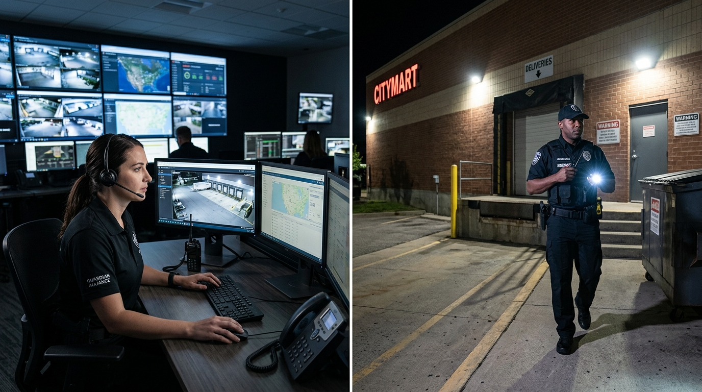 Guardian Alliance composite image showing a SOC operator monitoring live CCTV feeds and GPS mapping on dual screens inside a 24/7 security operations center on the left, and a client security officer conducting a nighttime exterior patrol at a commercial retail property on the right.