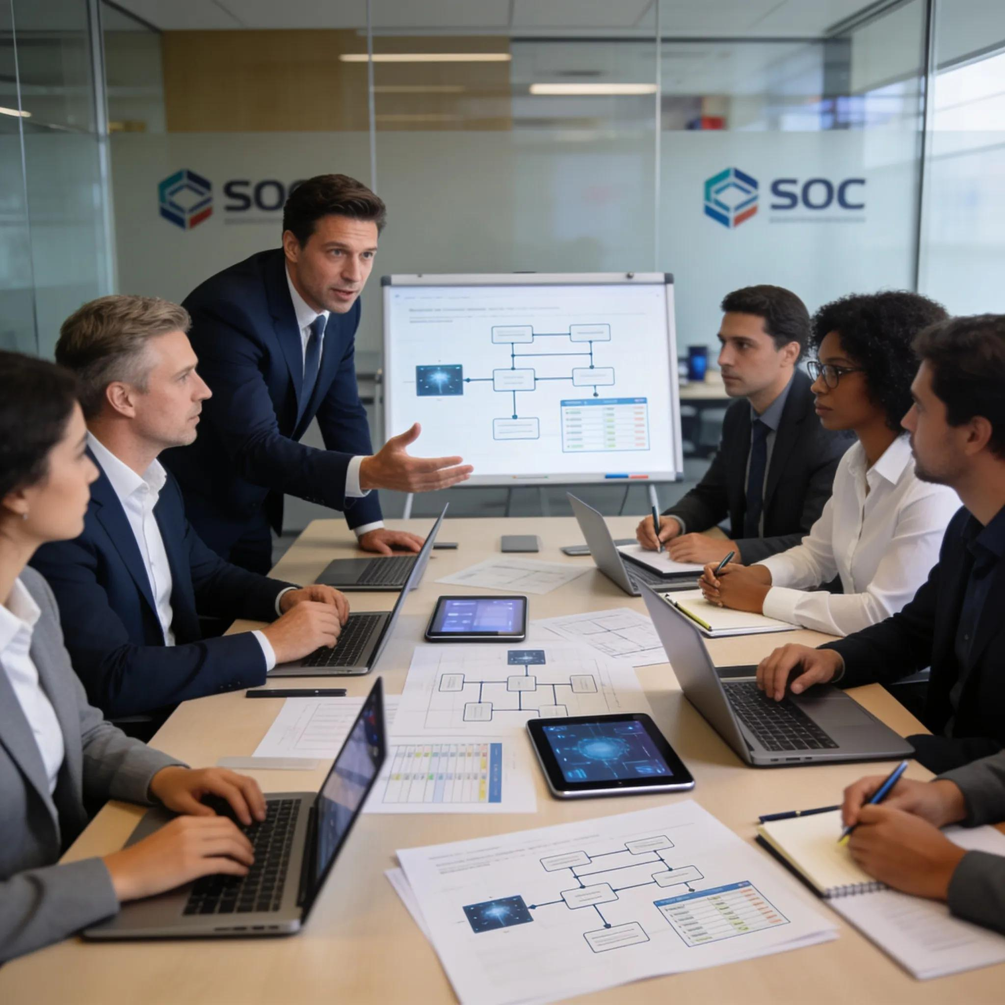 Collaboration between security professionals and SOC experts in a meeting