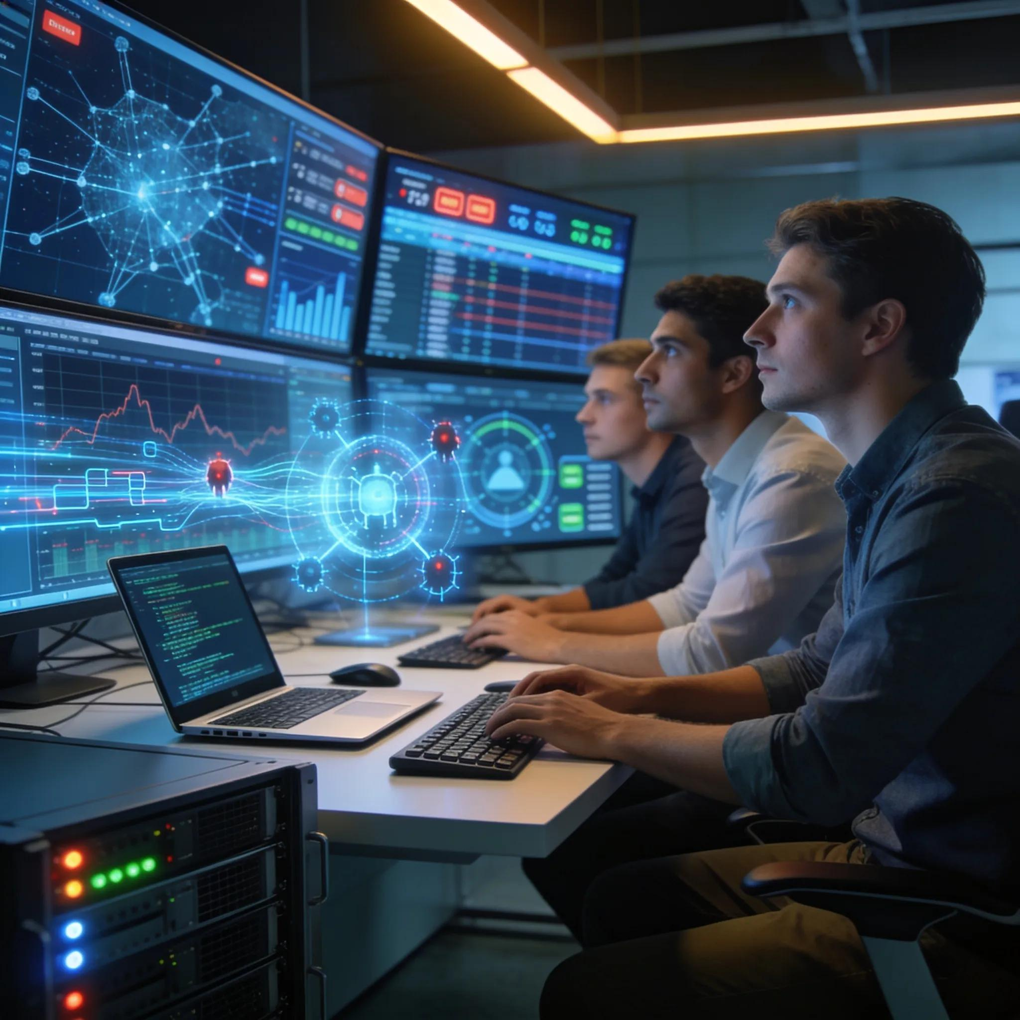Modern Security Operations Center with analysts monitoring cybersecurity data